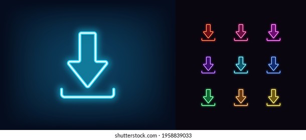 Neon download icon. Glowing neon download sign, outline arrow pictogram in vivid colors. Online data saving, information downloading, interaction with files. Vector icon set, sign, symbol for UI