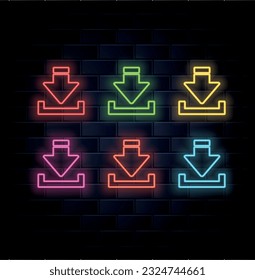 Neon download icon. Glowing neon download sign, outline arrow pictogram in vivid color. download of information, interaction with files.