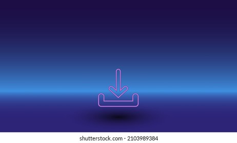 Neon download symbol on a gradient blue background. The isolated symbol is located in the bottom center. Gradient blue with light blue skyline