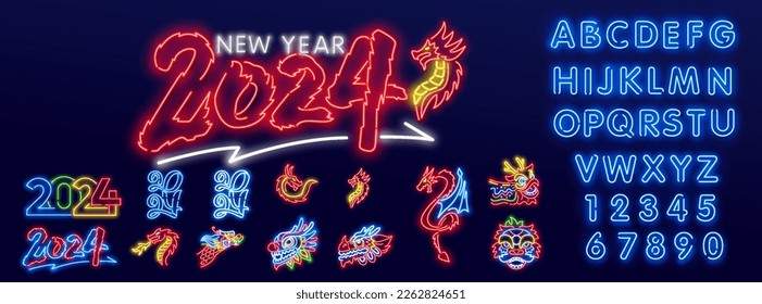 Neon dragon icons for Chinese New Year. Red burning neon dragon in different poses. Glow Dragon symbol of 2024 year. Happy new year 2024 in neon style. Vintage neon new year 2024, great design