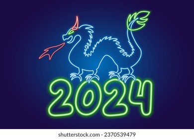 Neon Dragon, New Year 2024. Vector illustration. The concept of a festive banner, greeting card.