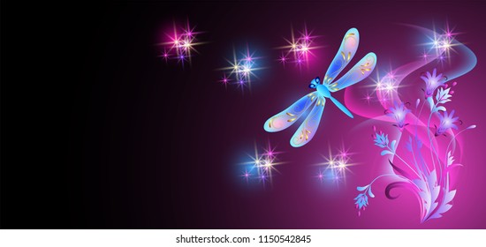 Neon dragonfly and flowers ornament with shiny smoke and stars