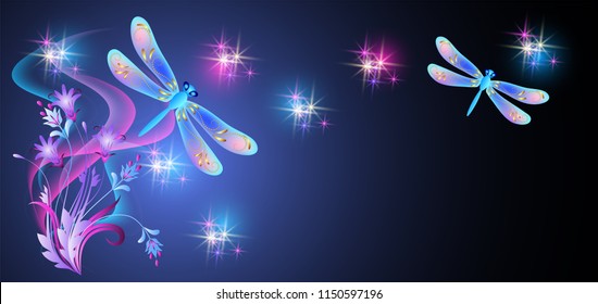 Neon dragonfly and flowers ornament with shiny smoke and stars