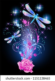 Neon dragonfly with golden ornament and pink rose with shiny smoke and glowing stars