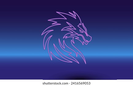 Neon dragon's head symbol on a gradient blue background. The isolated symbol is located in the bottom center. Gradient blue with light blue skyline