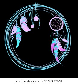 Neon dream catcher with feathers and beads. Native American Indian dream catcher, traditional symbol. Feathers and beads on black background. Vector decorative elements hippie.