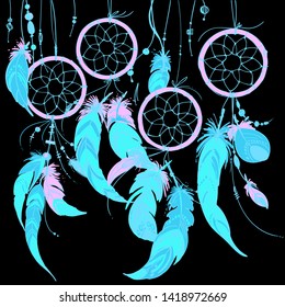 Neon dream catcher with feathers and beads. Native American Indian dream catcher, traditional symbol. Feathers and beads on black background. Vector decorative elements hippie.