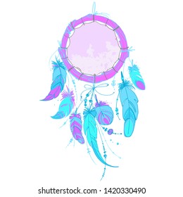 Neon dream catcher with feathers and beads. Native American Indian dream catcher, traditional symbol. Feathers and beads on white background. Vector decorative elements hippie.
