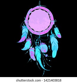 Neon dream catcher with feathers and beads. Native American Indian dream catcher, traditional symbol. Feathers and beads on black background. Vector decorative elements hippie.