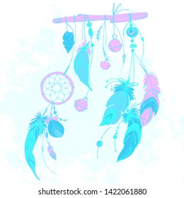 Neon dream catcher with feathers and beads. Native American Indian dream catcher, traditional symbol. Feathers and beads on white background. Vector decorative elements hippie.