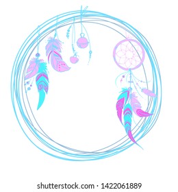 Neon dream catcher with feathers and beads. Native American Indian dream catcher, traditional symbol. Feathers and beads on white background. Vector decorative elements hippie.