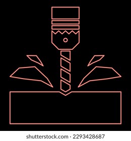 Neon drill with cartridge material processing shavings bit stationary use red color vector illustration image flat style