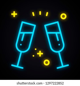 Neon drink in two glasses. Bright toast sign. Cocktails, binge, champagne, wine, theme. Light glowing alcohol symbol