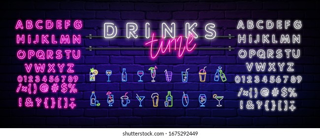 Neon drinks. Cocktails, wine, beer, champagne. Night illuminated wall street sign. Cold alcohol drinks in dark night. Isolated geometric style illustration on brick wall background.