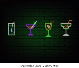 Bebidas de néon. Coquetéis, vinho, cerveja, champanhe. Sinal de Wall Street iluminado à noite. Bebidas frias e tranquilas na noite escura. Ilustração em estilo geométrico isolada no plano de fundo da parede de tijolo.