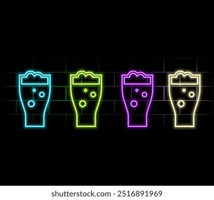 Bebidas de néon. Coquetéis, vinho, cerveja, champanhe. Sinal de Wall Street iluminado à noite. Refrigerantes frios na noite escura. Ilustração em estilo geométrico isolado no plano de fundo da parede de tijolo