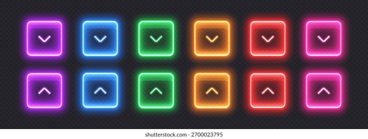Botones desplegables de neón, íconos transparentes brillantes hechos de vidrio.