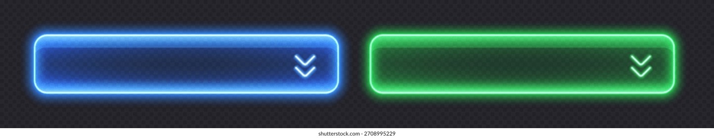 Neon dropdown buttons, glossy transparent banners made from glass.