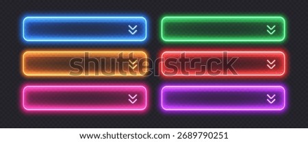 Neon dropdown buttons, glossy transparent banners made from glass.
