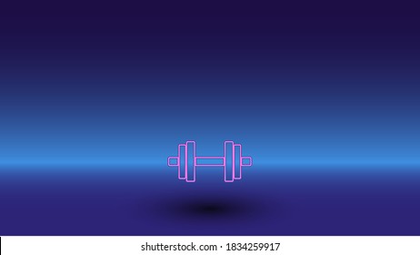 Neon dumbbell symbol on a gradient blue background. The isolated symbol is located in the bottom center. Gradient blue with light blue skyline