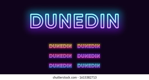 Neon Dunedin name, city in New Zealand. Neon text of Dunedin city. Vector set of glowing headlines with transparent backlight. Bright gradient colors