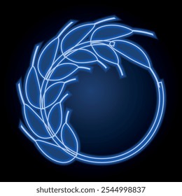 neon ear of wheat in a circle. Blue background. Illumination effect. Vector image