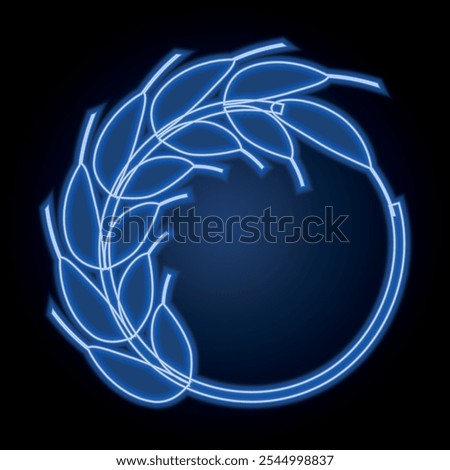 neon ear of wheat in a circle. Blue background. Illumination effect. Vector image