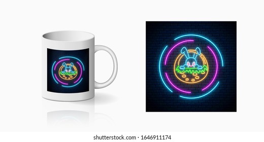 Neon easter bunny in basket in circle frames print for cup design. Easter funny greeting design, banner in neon style on dark wall background and mug mockup. Vector shiny design element