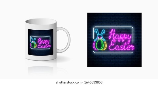 Neon easter bunny with eggs and greeting text print for cup design. Easter funny greeting design, banner in neon style on dark wall background and mug mockup. Vector shiny design element
