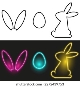 Símbolos Neon Easter, orejas de conejo y huevo, iconos de contorno aislados, ilustración vectorial.