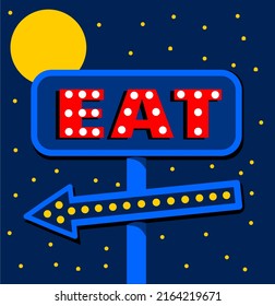 Neon Eat Sign At Night With Arrow