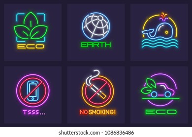 Neon ecological eco icons set. Save Earth planet concepts. Healthy lifestyle, eco-friendly transport, no smoking and keeping silence. EPS10 vector illustration.