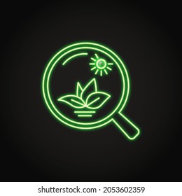 Neon ecology science icon in line style. Magnifying lens and growing plant. Botany, biology symbol. Vector illustration.