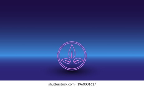 Neon ecology symbol on a gradient blue background. The isolated symbol is located in the bottom center. Gradient blue with light blue skyline