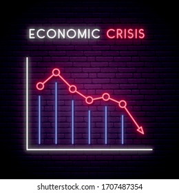 Neon economic crisis sign. Chart with down red arrow on dark brick wall background. Stock vector illustration