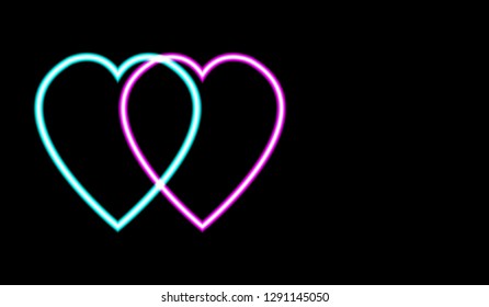 Neon effect of 2 hearts overlapping on a black background.Happy valentine's day.