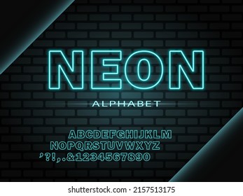 Neon effect alphabet. Blue neon letters on dark brick wall. Best for web, social media, mobile apps, signboards and decoration. Vector templates EPS 10.