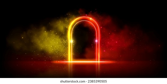 Neon effect arched door frame with luminous steam. Red and yellow gradient glowing frame surrounded by fog and bright glitter. Realistic vector illustration of led portal border or stage doorway.