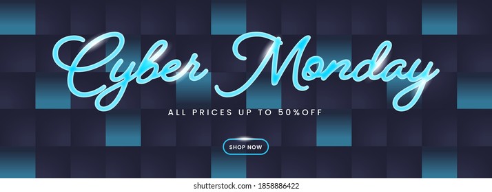Neon Effect Cyber Monday Font with 50% Discount Offer on Blue Square or Grid Pattern Background. Header or Banner Design.