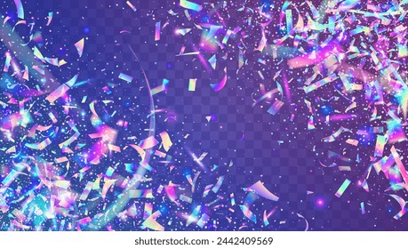 Neon Effect. Disco Texture. Purple Laser Tinsel. Rainbow Paper. Falling Poster. Glare Surprise Cristals. Modern Ribbon. Transparent Serpentine. Blue Neon Effect