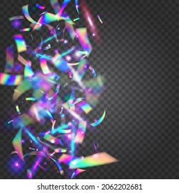 Efecto Neon. Fóleo festivo. Banner desenfocado. Textura Kaleidoscope. Arte de Fiesta. Brillo Rosa. Fondo Prismático del Partido. Tinsel arcoiris. Efecto Neón azul