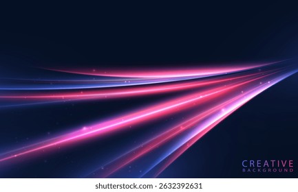 Neon effect of high-speed light flow of red and blue glow on dark background with glitter. Vector background for high-tech interfaces, digital wallpapers, posters or visual effects.