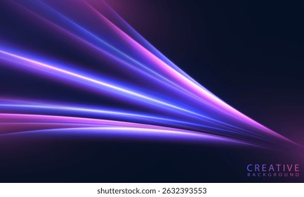 Neon effect of high-speed light flow of violet and blue glow on dark background. Vector background for high-tech interfaces, digital wallpapers, posters or visual effects.