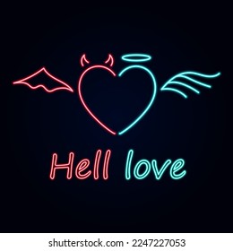 Neon effect on a dark background. Two halves of the heart, one hellish red, the other angelic blue. Vector illustration on the theme of valentine s day.