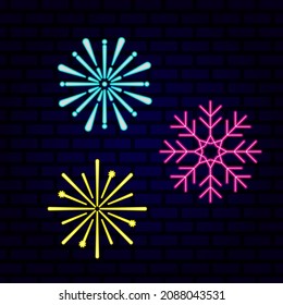 Neon effect, salute, fireworks and snowflake on a dark brick wall. Vector illustration, festive design, eps 10.
