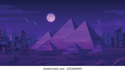 Neon-Affe. Nachtviolettes Licht auf Pyramidengiza-Plateau-Hintergrund, Kairo-Stadt-futuristische Landschaft, afrikanische Architektur Afrika und Zukunft, Cartoon-geniale Vektorgrafik