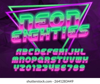 Neon Eighties alphabet font. 3d neon 80s style letters and numbers. Abstract polygonal background. Stock vector typeface for your design.