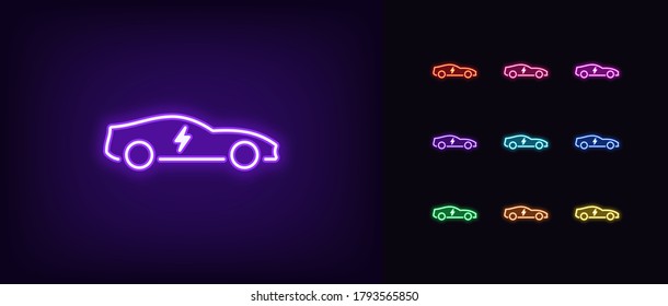 Neon electric car icon. Glowing neon electro car sign, electric vehicle in vivid colors. Eco fuel technology, car charge station by electricity. Bright icon set, sign, symbol. Vector illustration