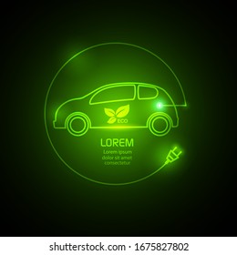 Logotipo de camión eléctrico Neon . Tecnologías del futuro . Iconos de camión eléctrico en línea. Cargando un camión a través de una batería. Ilustración del vector ecológico .	