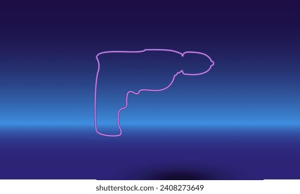 Neon electric drill symbol on a gradient blue background. The isolated symbol is located in the bottom center. Gradient blue with light blue skyline